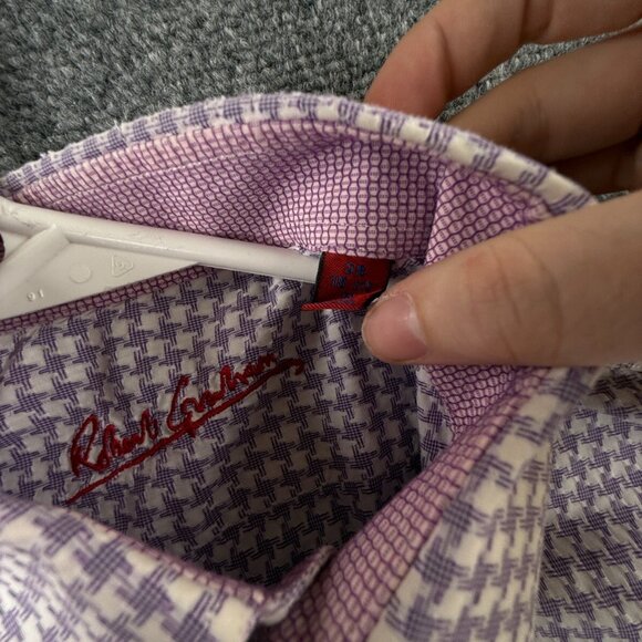 Robert Graham Button Up Shirt Men Designer Short Sleeve Purple Check Medium - Picture 9 of 13